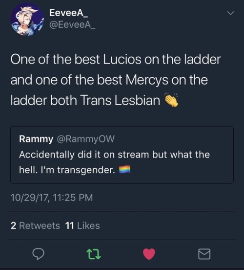 rammyow:evune:One of the best Mercy and Lucio players are trans lesbians, Overwatch has been saved ️