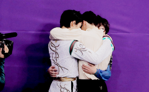 olympicsdaily:yuzuru, shoma and javier embrace after the competition