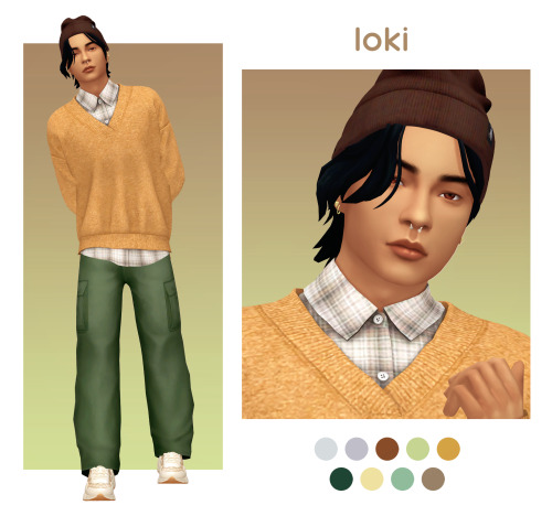 peachiiesims: Day 15: Loki by Notoriously Morbid  beanie - hair - septum piercing - earrings - sweat