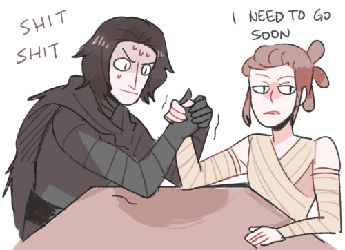 randomsplashes:with the galaxy’s fate in their hands, rey and kylo engage in arm wrestling (and kylo