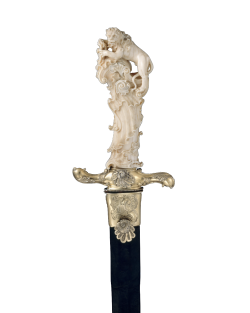 hunting sword and scabbard, ivory, silver, steal, wood, and iron, german, joseph deutschmann, c. 174