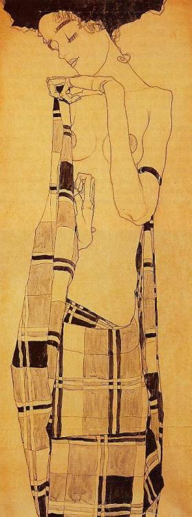 artist-schiele: Standing Girl in a Plaid Garment, 1909, Egon Schiele