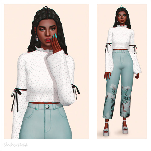 Top - “BC Blouse” by Sims4MarigoldBottom - “Marnie Jeans” by @clumsyalienn, recolor by meShoes - “Va