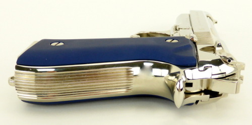 fmj556x45:  Beretta 92F 9mm Para caliber pistol. Customized Italian gun with bright nickel finish and blue Aluma grips.