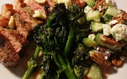 alittlebitofketo: Steak, broccolini and cucumber salad. #sugarfree #lowcarb #foodpics #pcos #healthy