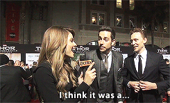 tomhazeldine:  Zachary Levi and Tom Hiddleston having a dance off on the red carpet