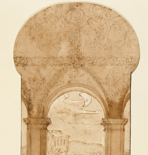renaissance-art:  Federico   Zuccaro c. 1595   Taddeo Copying Raphael’s Frescoes in the Loggia of the Villa Farnesina, Where He is Also Represented Asleep   