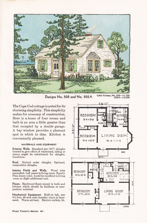 vintagehomeplans:United States, 1937: Design No. 505A small Cape Cod cottage—as the descriptio