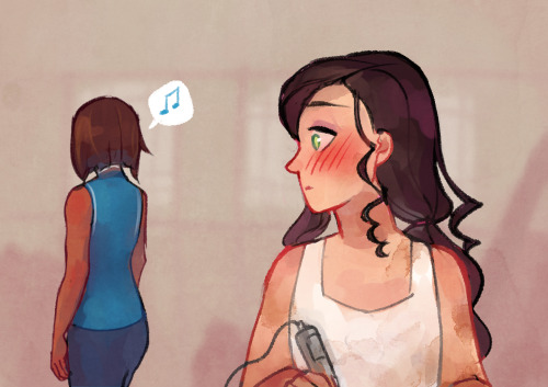 walkingnorth-art:  Headcanon: Asami’s been pining over Korra for so long that it takes her a while to stop freaking out every time Korra casually displays her affection. Korra thinks this is hilarious. 