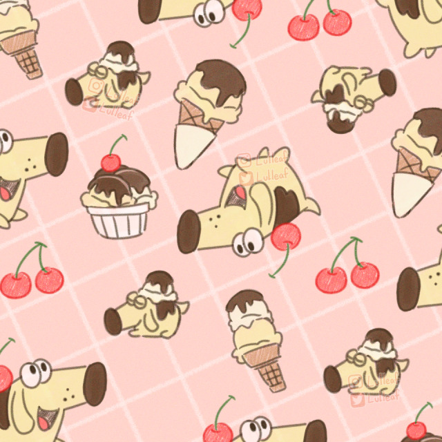 Digital drawing of a pattern of Diogee from Milo Murphy's Law sleeping as a baby pup with a scoop of ice cream on his back and running as an adult dog with a cherry on his back with ice cream cones and cherries repeated between.