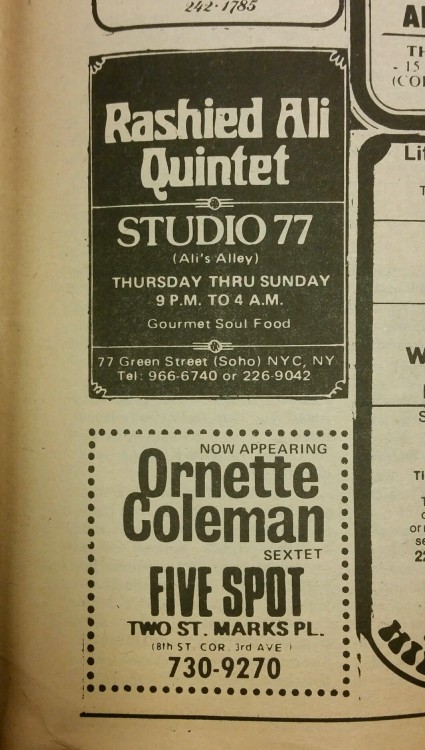 Jazz listing in the SoHo Weekly News, NYC, mid 1970s