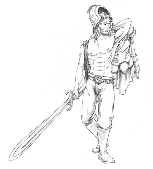 Hal, a 7′ tall human warrior and former surfer dude. In addition to his greatsword, leather breeches