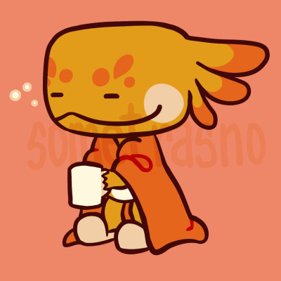 Groovy with an orange blanket on their shoulders, mug on hand, eyes still closed, but content.