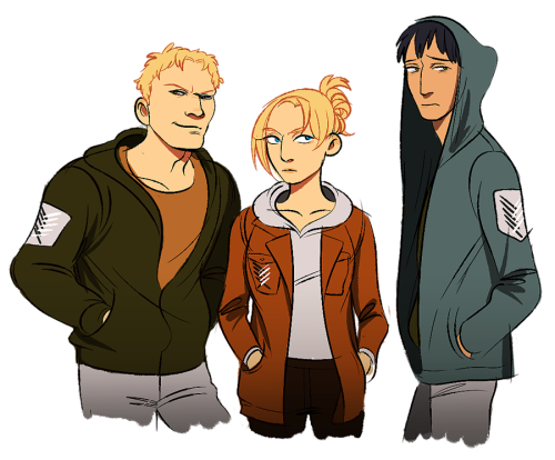 tremblefox:  figured i’d better post this before i explode (this was a pain in the ass to do i dont know why HAHA) so here’s annie and her boys in hoodies..i..love these three a lot just as much as i love the entire cast of shingeki y-y also i just