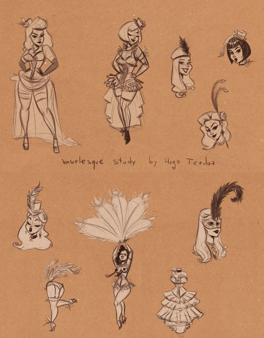 Studies of burlesque girls, costumes and hairstyles. And tiny burlesque hats :) 