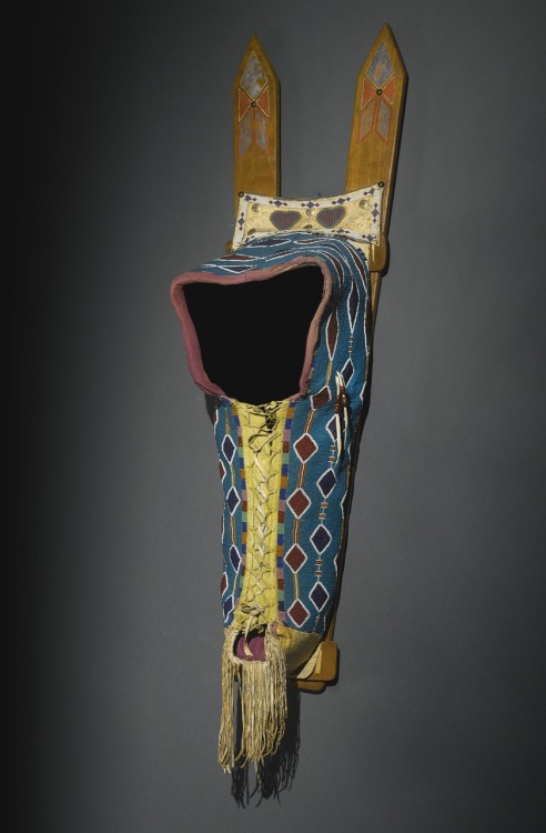 1-2-3 : Kiowa Beaded Hide Doll Cradle, Southern Plains.Hide, glass beadwork, cotton trade cloth lini