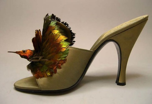 Silk and feather evening shoes designed by Roger Vivier and made by Delman for the House of Dior, 19