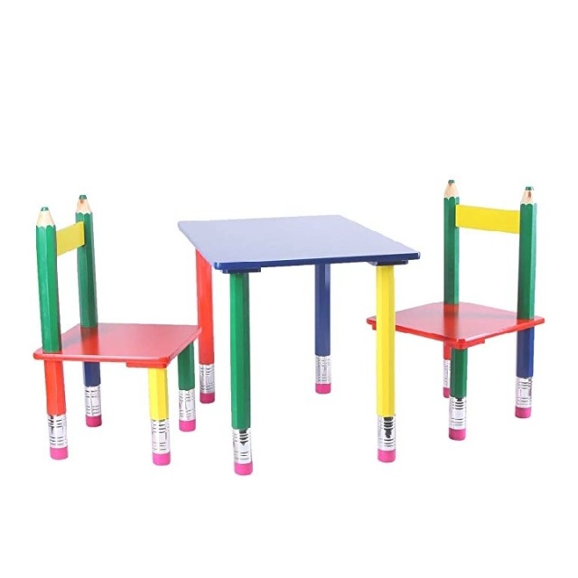 a set of one table and two chairs in the colors yellow, red, green and blue. the posts of the chairs and table look like colouring pencils with rubber ends at the bottom