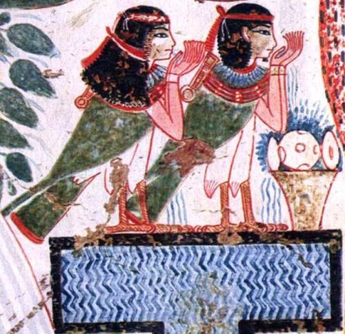 amntenofre:    the human-headed ‘ba’-birds (representing the souls) of Userhat and his wife Hatshepsut (both wearing the ‘menat’-necklace) standing on the top of a pond and drinking the water and eating the food that is offered to them.Detail