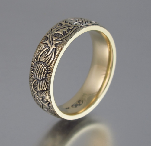 THISTLE mens wedding band in 14k yellow gold with black rhodium plating. 
