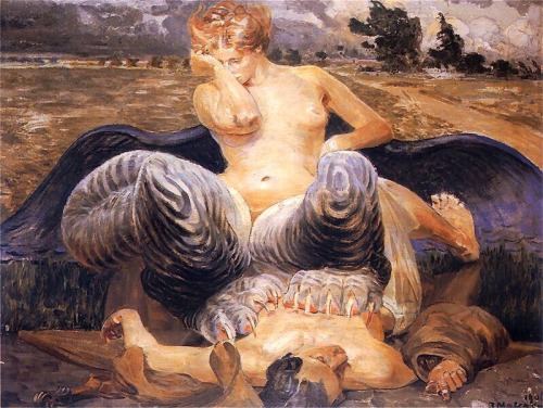 Artist and Chimera.1906.Oil on cardboard.32 x 40 cmPrivate collection.Art by Jacek Malczewski.(1854-