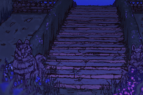 stairway to a personal garden with sentient wolf sentinel statues