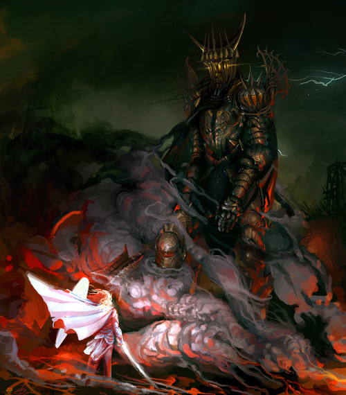 art-calavera:  Fingolfin and Morgoth, and fire and deadly smoke, and some lame bulding in the back.