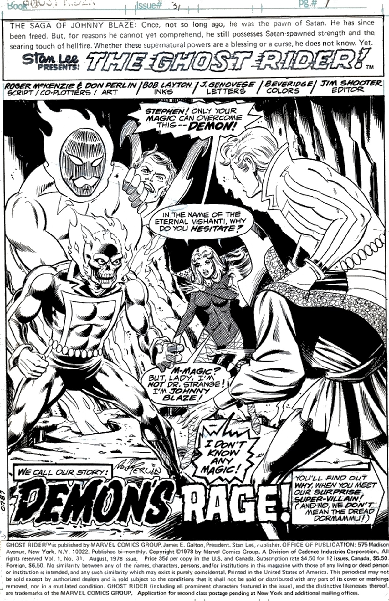 Ghost Rider 31 pg1 by Don Perlin #bronze age comic books  #title splash page  #original comic art #splash page#ghost rider #dr. strange #doctor strange#comic art#don perlin