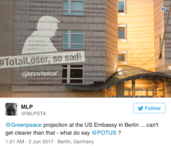 micdotcom:Greenpeace slammed Trump with a  projection on the side of the US Embassy in Berlin — and more reactions from around the world