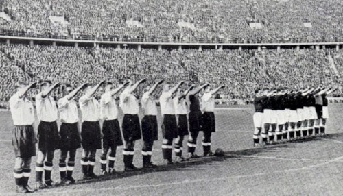historicaltimes:The English team giving the Nazi salute at the Olympiastadion in Berlin May 1938