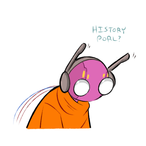 Pebbles leans forward heavily, antennae following his movement. His eyes are huge and round. The text above him reads "HISTORY PORL?"