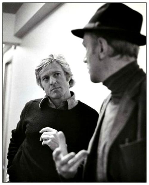fatabbot:Robert Redford and Max von Sydow on the set of Three Days of the Condor (1975)