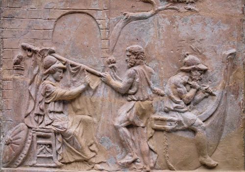 archaicwonder:Athena helps build the Argo: Roman moulded terracotta plaque, 1st century ADThis plaqu