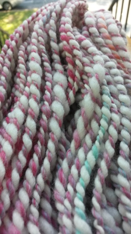 I thought this looked like the Trans Pride flag, so I made some Trans Pride yarn. To be turned into 