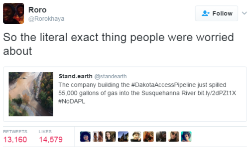 thewomanwilled:  I want everyone who reblogs this right now to know what’s up, in case someone tries to fuck with you on this. - This spill happened in October 2016- The Standing Rock Sioux tribe had already begun protesting well before that, though