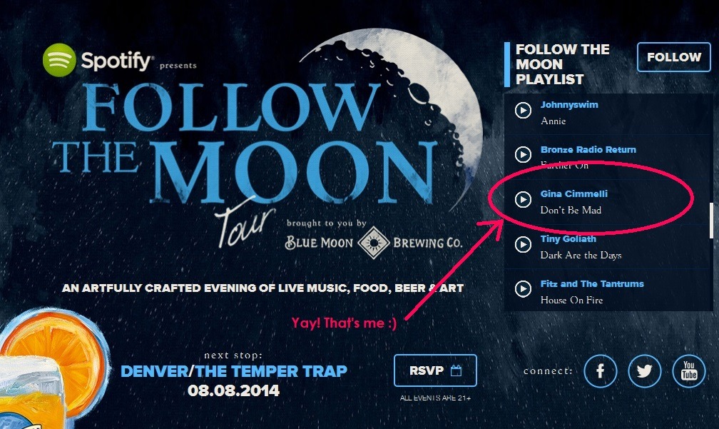 So happy to be on Blue Moon Brewing Company latest Spotify playlist called ‘Follow The Moon’. It’s to promote their Follow The Moon tour this summer!
http://www.followthemoontour.com/