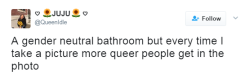 queertrashcan: dandridgegirl:  honestlyyoungpersona: Isn’t that lovely? Very necessary. Gender neutral bathrooms for gender non conforming people is very important.   Honestly this is so whole and pure I love this my heart is so warm 