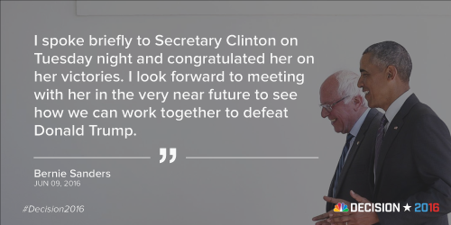 Bernie Sanders said he looks forward to discussing party unity with Hillary Clinton after emerging f
