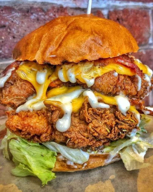 yummyfoooooood:  Burger with Fried Chicken Thigh, Maple Bacon, Cheese, and Garlic Truffle Mayo