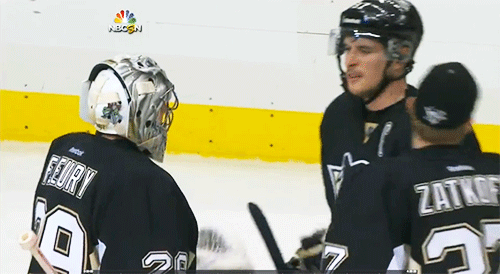 giganticism:May 4, 2014. Sidney Crosby winks at Marc-Andre Fleury to congratulate him on shutting ou