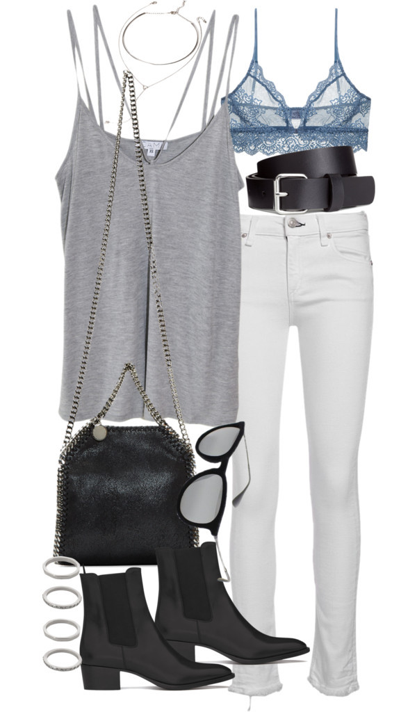 Untitled #18733 by florencia95 featuring a grey top
Cami NYC grey top, 120 AUD / Rag & bone/JEAN white skinny jeans, 260 AUD / Only Hearts blue lingerie, 73 AUD / Yves Saint Laurent chelsea boots, 1 230 AUD / STELLA McCARTNEY leather tote bag, 975...