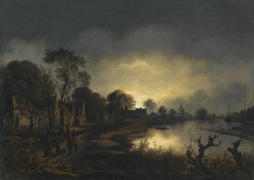 A river landscape at dusk with and figures walking along a path towards a village to the left, a chu