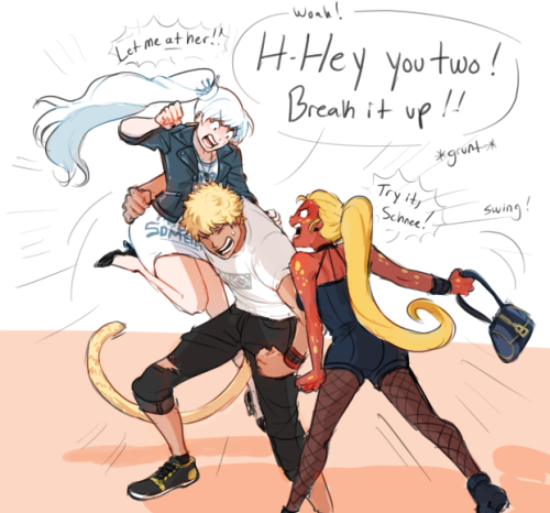 keena-kapu: dashingicecream:  based on a rly silly headcanon me and @keena-kapu came up with for rwbyrock!au monos and calico sfkgdfh they’re in handhold timeout  the unofficial prequel i couldn’t finish inspired by this (she absolutely isn’t but