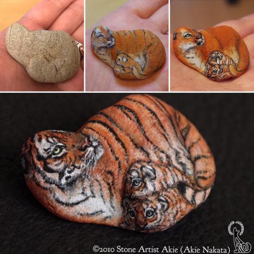 Tiger with her cubs, Akie Nakata, paint on stone, 2010