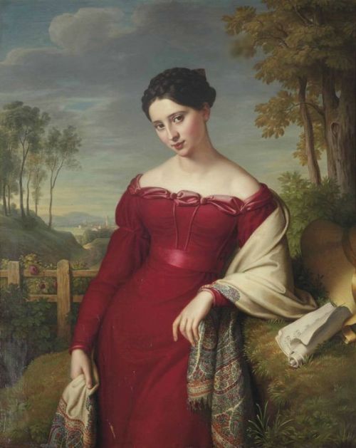 Eduard Friedrich Leybold (1798-1879): ‘Portrait of a Young Lady in a red Dress with a Paisley&