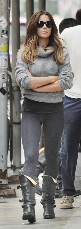 Kate Beckinsale looking amazing in leggings, boots and a sweater. This legs, that ass, the total pac