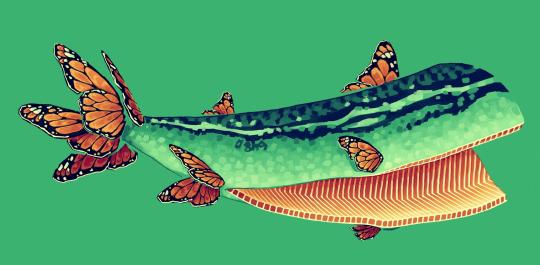 Digital painting of a fish. The fish has been fileted and looks like salmon, while the fins of the fish are made of monarch butterfly wings.