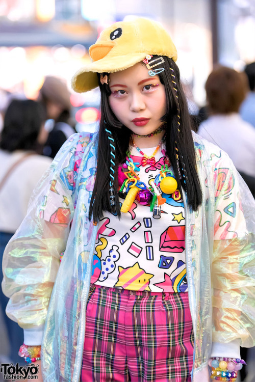 21-year-old Tokyo art school student Chami on the street in Harajuku wearing fashion from several po