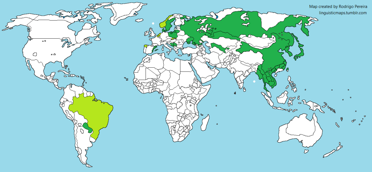 linguisticmaps:
“ 2.1.5 - Alveolo-palatal plosives and fricatives [ɕ, ʑ, ʨ, ʥ]
Dark green represents phonemic status and light green represents allophonic variation. They are present mainly in Europe and Asia. Very caracteristic sounds of slavic...