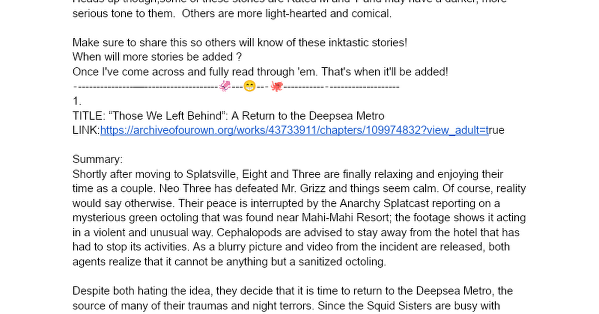 LIST OF SPLATOON FANFICTIONS